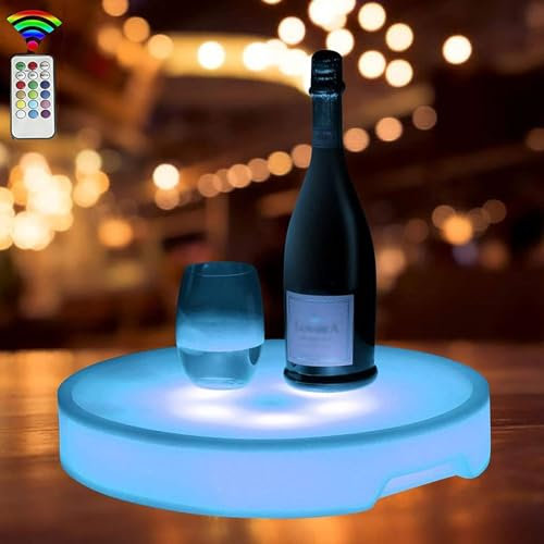 Plateau De Service Lumineux À LED, Plateau Porte-Fruits Rond avec Télécommande, Plateau À Tasses À Vin Étanche 16 Couleurs, pour Fête De Noël, Clubs, Bars, Mariage – 40 X 40 X 6 Cm
