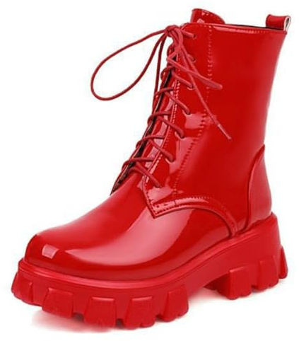 Botines Combate Media Pantorrilla Charol para Mujer,Botines Moto con tacón Bloque Grueso y Medio con Cordones,Botas caña Baja de Corte bajo con Cremallera Lateral y Plataforma,Rojo,40 EU