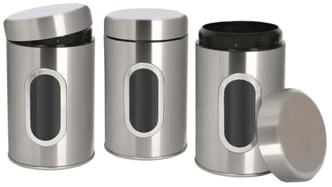 Harbour Housewares Tea Coffee and Sugar Canisters Set - Brushed - 3pc Transparent Window Airtight Food Storage Containers Kitchen Caddy Stainless Steel Storage Jars