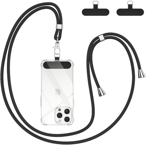 Woijrly Cordino per Cellulare Universale con 2 Patch, Tracolla da Collo Nylon Collana Regolabile e Rimovibile, Catena per Tutti Gli Smartphone, Cinturino per Cellulare Abbinabile a Qualsiasi Case,Nero