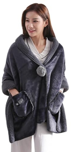 lmoikesz Mjuk fleeceknapp sängjacka med fickor håller dig varm och bekväm över natten polyester poncho filt för kvinnor, Grå, one size