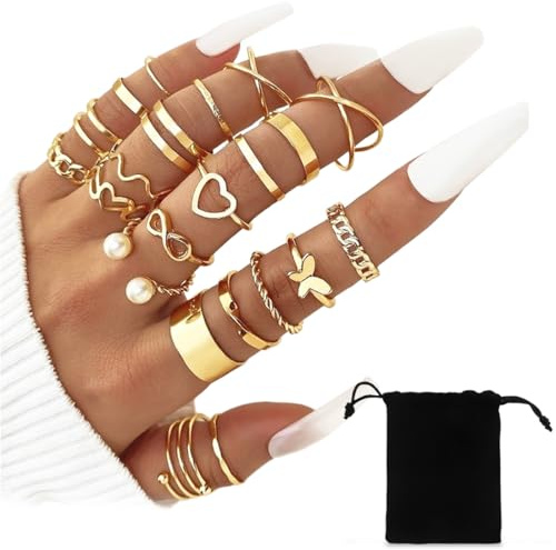 NJCXOLA Ensemble de bagues 22 pièces, bague ajustable, nœud ouvert, plusieurs articulations empilables, queue, plage, papillon, cœur, bijoux pour femmes et filles
