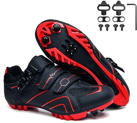 Surwin Zapatillas MTB Hombre, Zapatillas Ciclismo con Tacos Antideslizantes Exterior Deportivas Hombre Zapatos Bicicleta de Montaña Respirable, Parejas Zapatos Ciclismo Carretera (Rojo,42)
