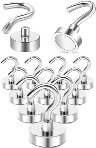 TPZORJX Ganchos Magnéticos 10kg Imanes Neodimio con Gancho Giratorio 12 Piezas Sin Perforación para Crucero Resistente Refrigerador Microondas Artículos Colgantes Plateado