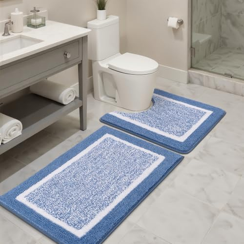 SHACOS Alfombra Baño Antideslizante, Alfombrilla Baño Microfibra Esponjosa Suave, Alfombra Baño Secado Rapido Lavable A Máquina, Apto para Ducha O Bañera, Azul, 45x65cm+U50x60cm