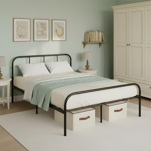 ZZINOKE Metal Estructura de Cama, 140 x 190 cm, con Cabecero y Pie de Cama, Camas Matrimoniales, Somier de Metal, Amplio Espacio de Almacenamiento Debajo de La Cama, Negro