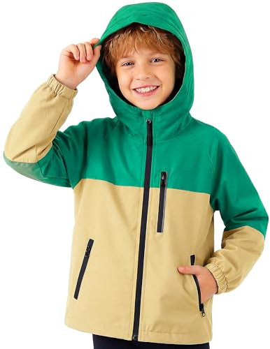 Hoseay Giacca Impermeabile Bambini, Giacche Antivento con Strisce Riflettenti e Tasche Cerniera, Leggero Abbigliamento Esterno con Cappuccio Ragazzi Outdoor Scuola per Età 7-8, Giallo Verde