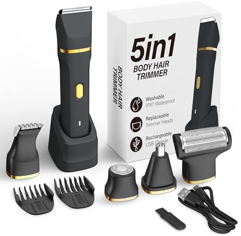 5 in 1 Rasoio elettrico per bikini da donna, impermeabile IPX7, senza fili, per corpo e viso, con lame in ceramica, kit per la depilazione indolore, Nero