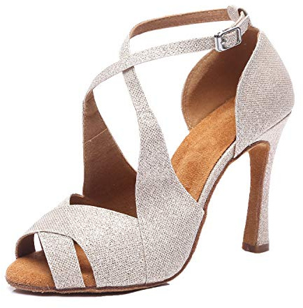 MINITOO Sandales de danse latine pour femme - Talon entonnoir - Sangle croisée, L420 doré Talon 10 cm, 37 EU
