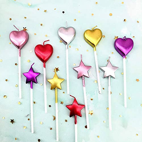 10 bellissime candele a forma di cuore e stella, per compleanno, multicolore, per decorare torte, per feste, matrimoni (multicolore, a forma di cuore e di stella, 10 pezzi)