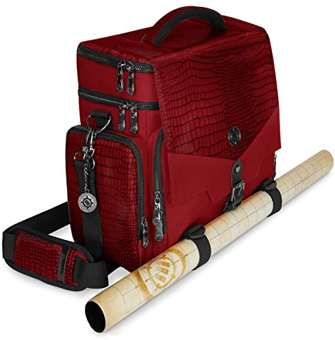 ENHANCE Collector's Edition RPG Adventurer's DND Bag - Dragon Hide Exterior Travel RPG Bag with Tabletop Miniatures Storage Vault, Mat Holder, DND Dice & Token Pockets, Fits 4-8 Books (Dragon Red)