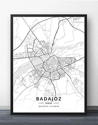 Cuadro sobre Lienzo,Badajoz España Mapa De La Ciudad Modernos Carteles En Blanco Y Negro Obras De Arte Imágenes Sin Marco Impresiones Personalización Pinturas Regalo Decoración