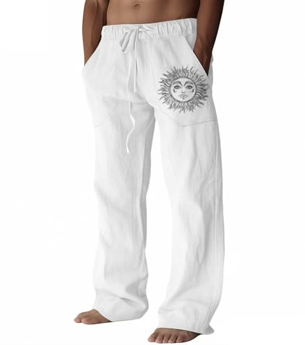 Pantaloni Lino Uomo Estivi Larghi, Pantaloni Uomo Leggeri, Pantaloni Lino Cotone, Pantaloni Jogging Uomo, Pantaloni Casual Spiaggia, Abbigliamento da Casa