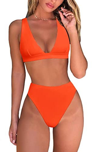 Fatty Tiger Womens High Waisted Thong Bikini Sets Sexy Brazilian Triangle Top Deep V Neck Two Piece Swimsuit Bathing Suits, Orange, Medium
