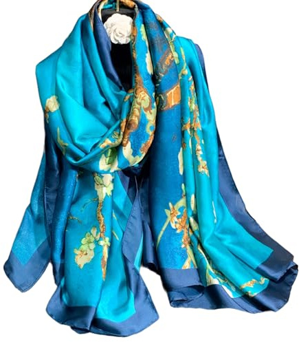 Silk Scarf Women Écharpe en soie pour femmes Foulard en mousseline Bufanda Chiffon Shawl Panuelo de seda Stain Neckerchief Head Wraps Beach Shawl Vintage Painting pañuelo de gasa (Azul Celeste)