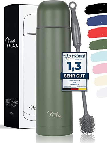 Milu Vacuum Insulated Flask 1L, 750ml, 500ml - Thermo Water Drinking Bottle with Cup for Hot & Cold Drink - Stainless Steel, 100% Leak-Proof (Olive Green, 1000ml)