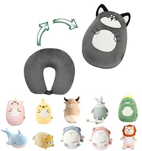 JOYRAVO Kids Travel Pillow - 2-in-1 Deformable Neck Pillow, Soft U-Shaped Pillow with Cute Plush Animals Comfy Sleep and Play Companion for Airplanes, Cars, and Travel - Husky