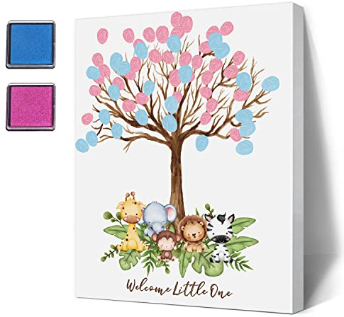 LNOKRIM Baby Shower Guest Book Fingerprint Tree Canvas, Jungle Safari Theme Gender Reveal Supplies, Personalized Alternative Guest Book,Fingerprint Guest Book