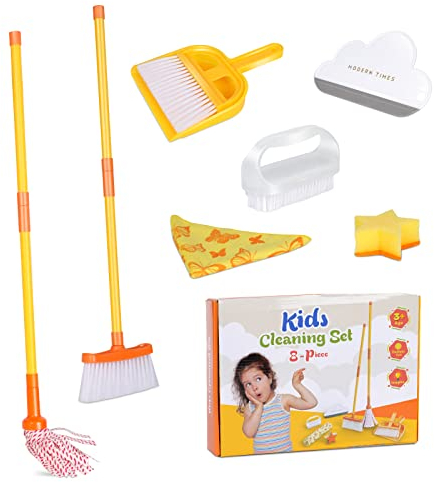 MASTERTOP Kinder Putzset, Knder Besen Set 8-Teilige, Besen Set für Kinder mit Besen , Kehrschaufel, Handfeger, Mop, Bürsten, Lappen,S chwamm,Gummischaber, Kinderbesen Spielzeug ab 3 Jahre