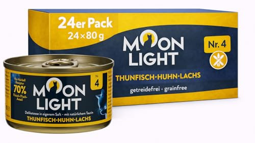 Moonlight Premium våtfoder för katter | kornfritt recept | delikatess i egen juice | mycket köttinnehåll | (nr 4 tonfisk, kyckling och lax 24 x 80 g)