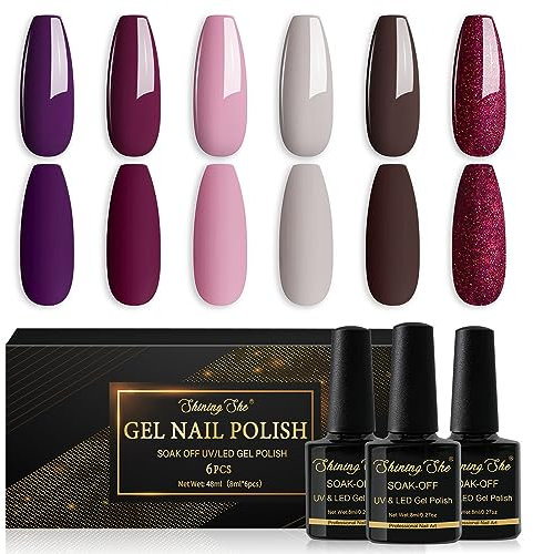 Shining She Gel Nail Polishes, 6 Colours Purple Rose Pink Brown Glitter Red Gel Polish Set Soak-Off UV/LED Nail Polish Gel for Nail Art Salon DIY Home, 8ML