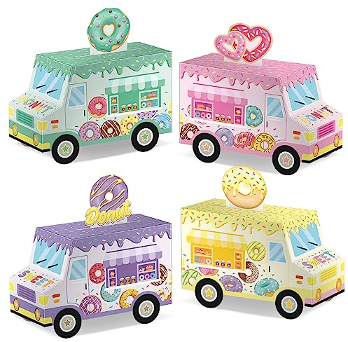 Seajan 24 Pcs Donut Party Favor Boxes - Sweet One Two Truck Treat Goodie Candy Gift Bags for Doughnut Grow Up Theme 1st 2nd Birthday Baby Shower Table Decorations Supplies for Guests