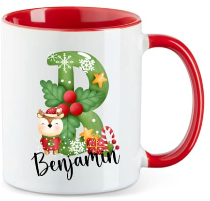 minimutz Tazza di Natale per bambini con nome personalizzato | Tazza da caffè in ceramica per ragazze ragazzi | Tazza da tè da salphabet ABC (rosso)