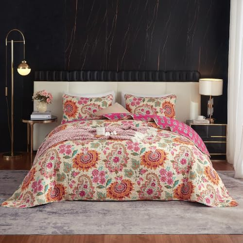 YASMENG 100% Cotton Boho Quilt Set King Size Gorgeous Paisley Floral Patterned Quilt Bedspread 106x98 Bohemian Vibrant Exotic Ethnic Mandala Coverlet Bedding Set 3 Pieces for All Seasons