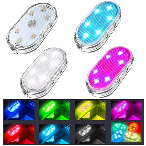 Ygapuzi 4 pièces Lampe à LED sans fil pour l'intérieur de la voiture, 7 couleurs, rechargeable par USB, avec 6 perles de lumière LED super brillantes, lumière d'ambiance pour l'intérieur de la voiture