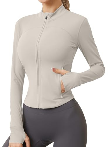 IECCP Women Activewear Ladies Tops Gym Running Yoga Long Sleeve Workout T-Shirts Clothes Zip Breathable Sports Wear Ivory Grey M