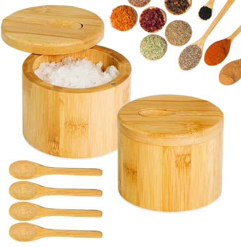 XingyLi Lot de 2 boîtes à sel rondes en bambou pour sel et épices avec couvercle pivotant magnétique et 6 cuillères, récipient à poivre et épices, pot à épices, bol, bocaux pour la cuisine