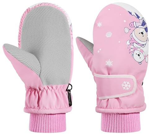 MoKo Gants de Ski Enfants, Moufles de Ski Fille Garçon Chaud Antidérapant, Gants Hiver Étanches Coupevent Respirant, Thermique Mitaines pour Vélo en Plein Air pour Enfant 5-10 Ans,M,Rose Rosé/Ours