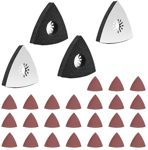 4 Stück Dreieck Fein Multimaster Schleifplatte für Starlock Multitool 93mm mit 24 x Schleifpapier Dreieckschleifer für Holz Metall Entrosten Putz