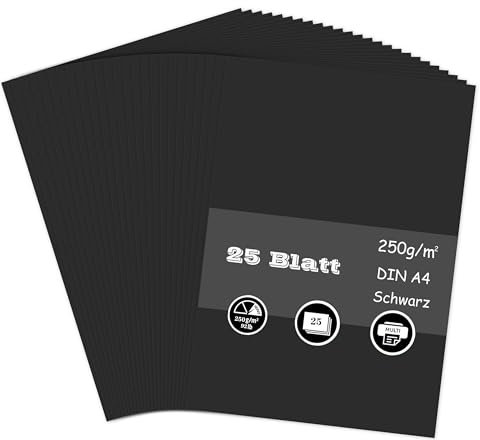 25 Blatt Tonpapier Schwarz, 250g/m² Tonkarton - DIN A4 Bastelkarton für Malen Kartenherstellung Einladungen Scrapbook Basteln