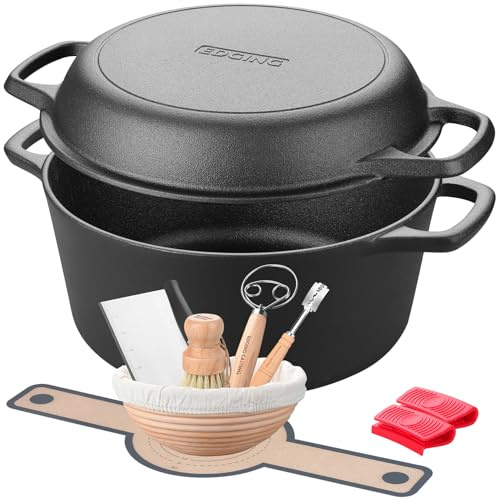 EDGING CASTING Pre-Seasoned Cast Iron Dutch Oven Pot with Skillet Lid Cooking Pan, 2-in-1 Sourdough Bread Baking Pan with Proofing Basket and Baking Supplies, 5QT
