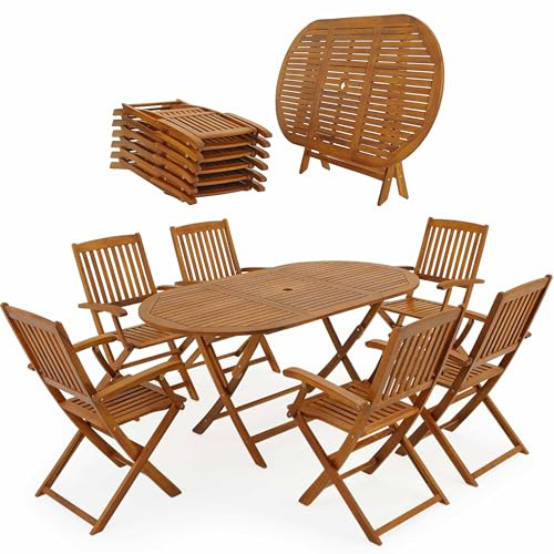Casaria® Gartenmöbel Set Holz Wetterfest Klappbar 7-TLG. Schirmständer Armlehnen Garten Balkon Terrasse 160x85cm Akazie Braun