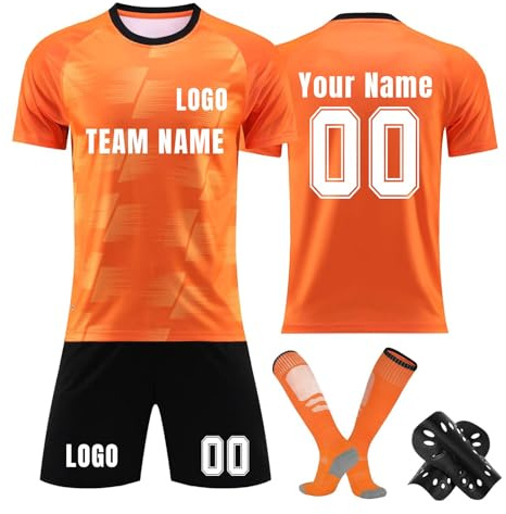 Personalised Football Kit for Kids Adults, Football Shirts Shorts Socks and Kneepad 4PCS Set Custom Name Number Team Name and Logo Football Uniforms Training Suits(10 Orange,Custom Size)