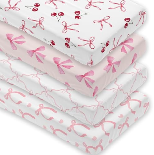 4 Pack Pink Bow Crib Sheet Set for Baby Girl, Soft Breathable Fitted Crib Sheet 28 x 52 in, Nursery Decor for Standard Crib and Toddler Bed Mattresses