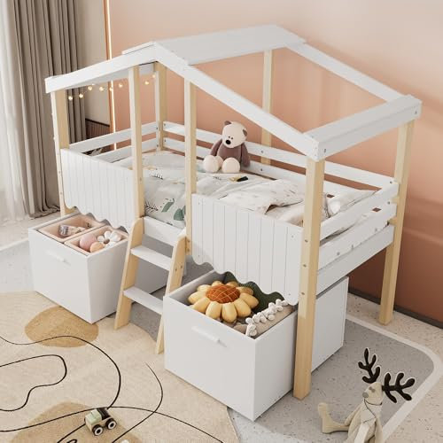 Jovify Wooden House Bed with 2 Large Drawers and Slatted Frame, Solid Pine Wood Cabin Bed Frame, 3ft Single Tree House Canopy Beds Children's Storage Beds With Ladder and Guard Rail, 190x90 cm, White