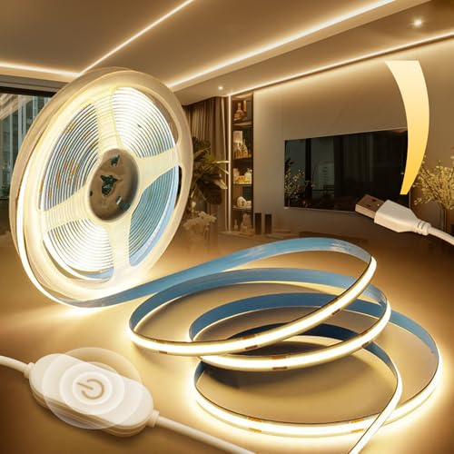 BRIMETI Tira LED COB USB 5V 3M Adhesiva, Blanco Cálido 3000K Regulable CRI90+ Anchura 8mm Tira de Luz 320LEDs/M Ancho 8mm Flexible para Fondos de TV Cocina Dormitorio Fiesta DIY Decoración