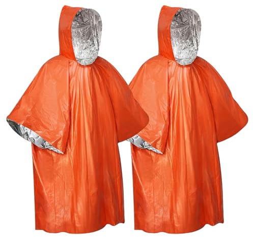 Editbar Pack of 2 Emergency Survival Poncho, Emergency Rain Poncho, Rescue Blanket, Bivouac Bag, First Aid Heat Blanket, Insulation and Rainproof, Suitable for Camping, Hiking and Emergencies, 130 x