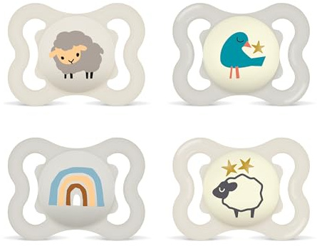 MAM Supreme Day & Night Schnuller | 0-6 Monate | Babyschnuller für Neugeborene | 94% Akzeptanz | beugt Zahnfehlstellungen vor | mit Zahnmedizinern entwickelt| SkinSoft Silikon | Schaf/Vogel | 4 Stück