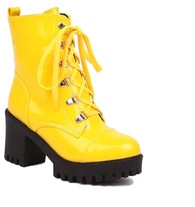 Genérico Botines De Combate Mujer Piel Patente Punta Redonda Tacones Bloque Gruesos Cordones Plataforma Botines para Ropa Diaria Streetwear Fiesta Club,Amarillo,37 EU