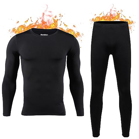HEROBIKER Mens Thermal Underwear Set Skiing Winter Warm Base Layers Tight Long Johns Top & Bottom Set with Fleece Lined Black Large
