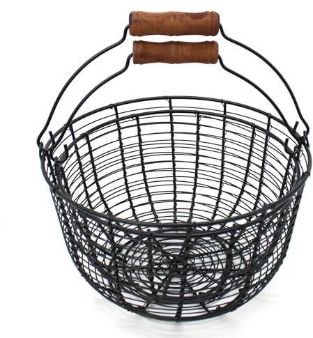 CVHOMEDECO. Metal Wire Egg Baskets Wire Fruit Baskets with Wooden Handle Country Vintage Style Storage Baskets. Matt Black, Set of 2. (Round)