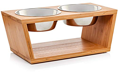 Migosset Futterstation - Erhöhter Futterspender für kleine, mittlere & größere Hunde - Futternapf-Halterung aus Bambus - Mit 4 Edelstahlnäpfen: 4X 1650 ml- 18 x 44,5 x 23 cm - Mittelgroß