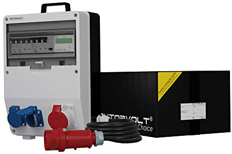 Doktorvolt Stromverteiler TD-S/FI mit Mennekes Steckdosen-Kombination 2x 230V Schuko 1x 16A CEE, mit MID Stromzähler, LS-Schalter FI-Schalter, Kabel mit Stecker, Baustromverteiler verdrahtet IP44