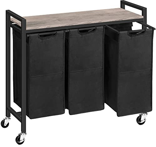 HOOBRO Wäschekorb 3 Fächer, Wäschesammler mit Ablage, Wäschebox, Wäschewagen, 3 x 39,8 L, Wäschesack aus Oxford-Gewebe, Greige-Schwarz EBG38XY01G1