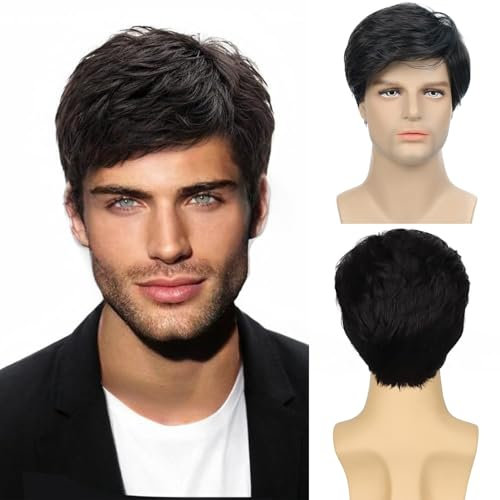 Herren Perücke Schwarz Natürlich Perrücke Kurz Gerade Layered Zweifarbig Gemischt Wig für Cosplay