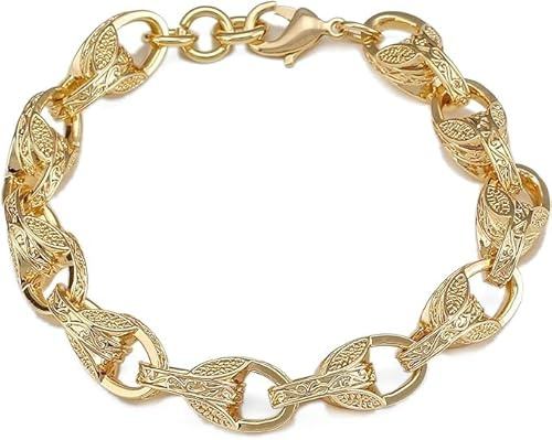 Men's 8-inch Gold 9mm 3D Patterned Tulip Bracelet: Exquisite Detailing, Lobster Claw Clasp, Ideal Fit for 8 to 9-inch Wrists with a Luxurious Weight of 26 grams - Bling King London